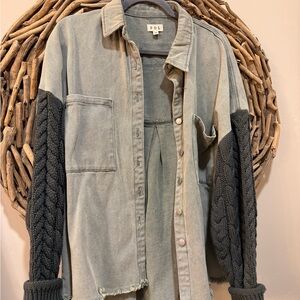 POL Women's Denim Cardigan with Black Knit Sleeves